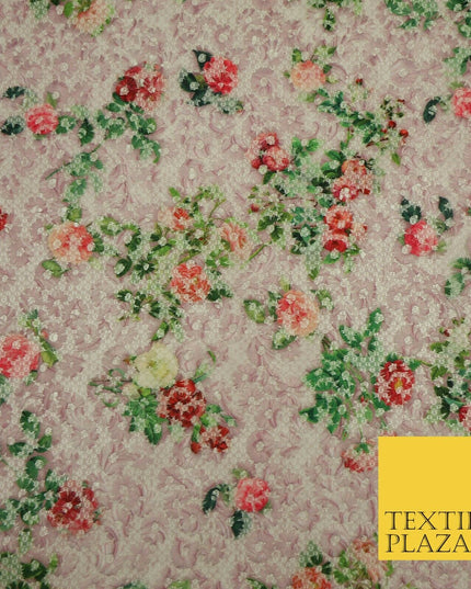 Pink Floral Digital Printed Embroidered Net Lace Dress Fabric Fashion 1765
