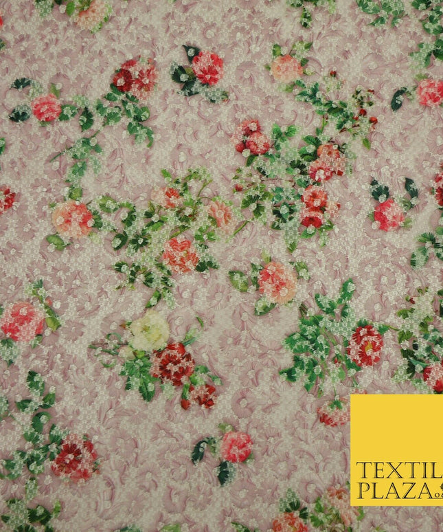 Pink Floral Digital Printed Embroidered Net Lace Dress Fabric Fashion 1765