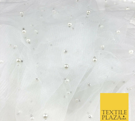 WHITE Studded Pearl Mesh Net Fabric Bridal Soft Sheer Craft Dress 937
