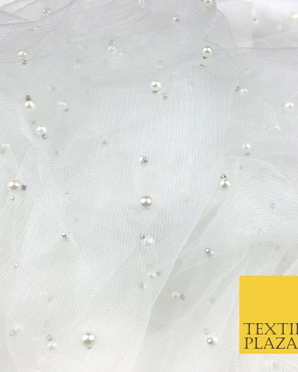 WHITE Studded Pearl Mesh Net Fabric Bridal Soft Sheer Craft Dress 937