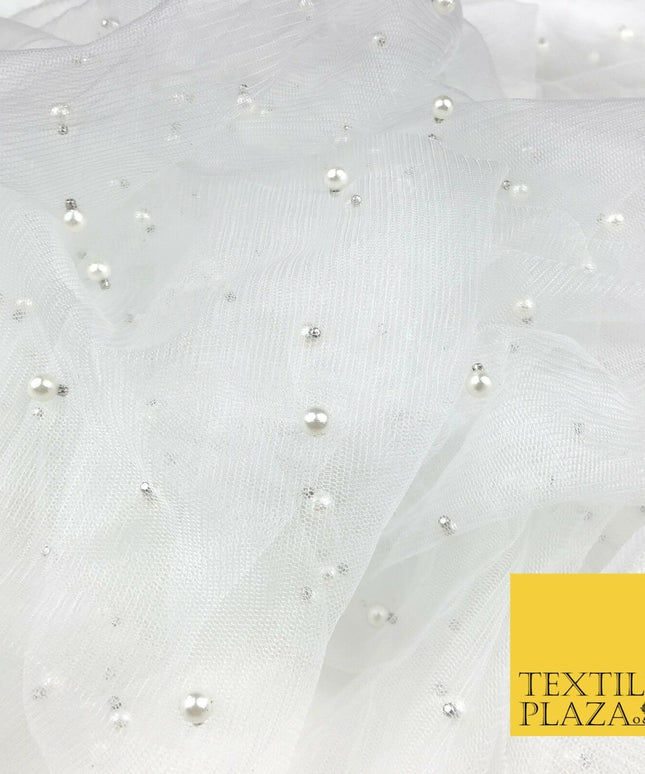 WHITE Studded Pearl Mesh Net Fabric Bridal Soft Sheer Craft Dress 937