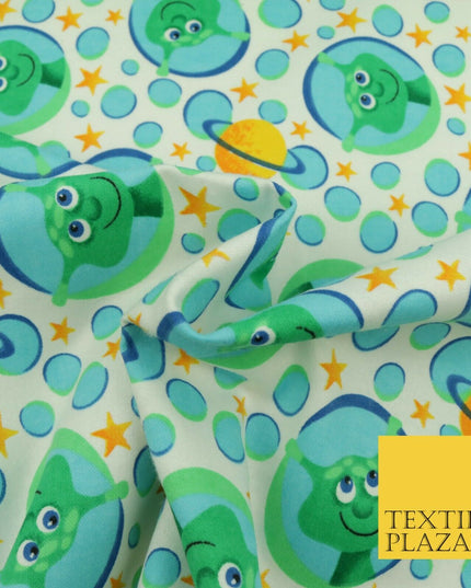 White Aliens Planets Stars Winceyette Soft Brushed Cotton Print Fabric Kids 1580