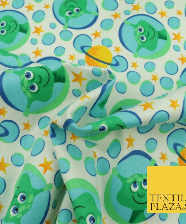 White Aliens Planets Stars Winceyette Soft Brushed Cotton Print Fabric Kids 1580