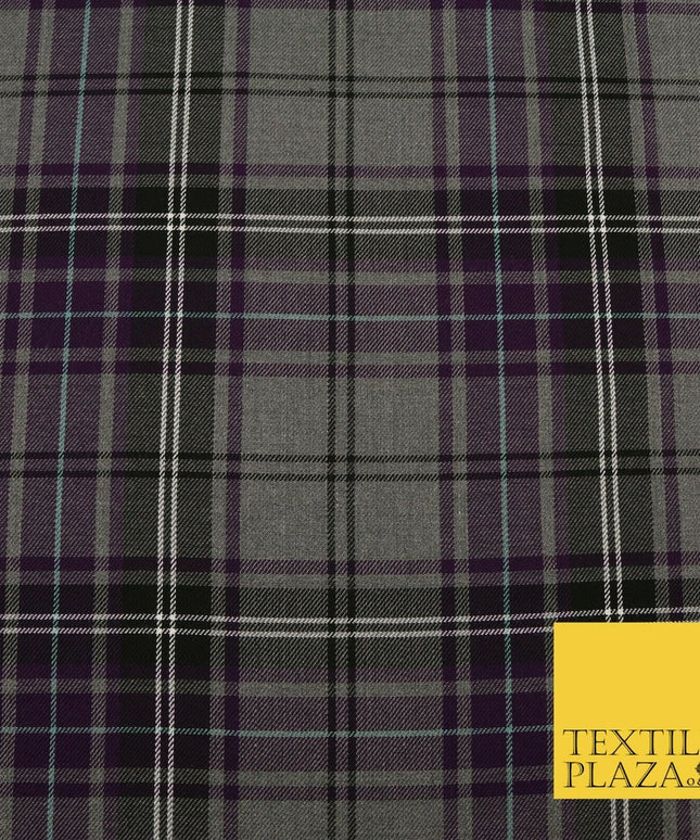 GREY PURPLE TARTAN Check Polyester Viscose Fabric 58" Craft Dress 1631