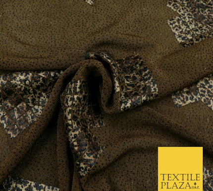 TAN BROWN Leopard Waffle Cube Metallic Glitter Stretch Jersey Fabric - 59" 1577