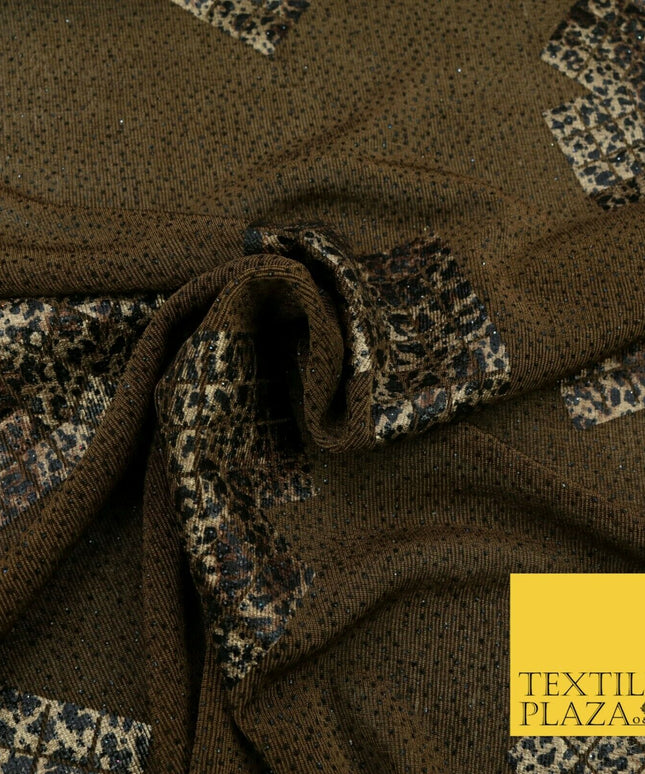 TAN BROWN Leopard Waffle Cube Metallic Glitter Stretch Jersey Fabric - 59" 1577