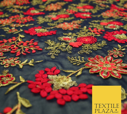 Dark Navy Blue Georgette with Cerise Pink Coral Floral Embroidery Fabric 2701