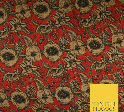 Luxury Red / Navy Antique Floral Woodland Printed Charmeuse Satin Dress Fabric