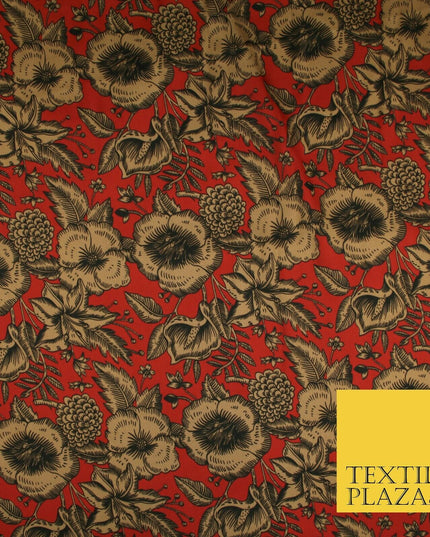 Luxury Red / Navy Antique Floral Woodland Printed Charmeuse Satin Dress Fabric