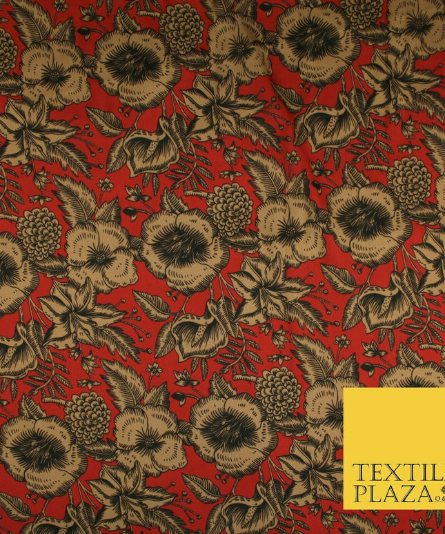Luxury Red / Navy Antique Floral Woodland Printed Charmeuse Satin Dress Fabric