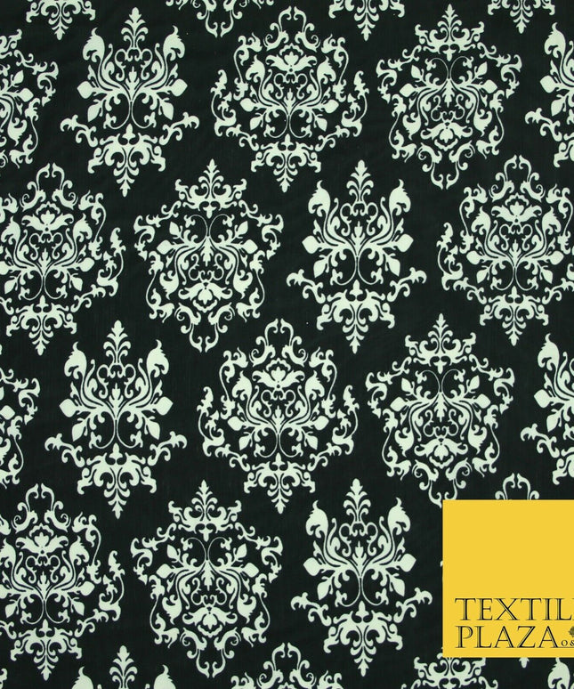 Black White Large Damask Intricate Printed Crepe Polyester Abstract Dress Fabric