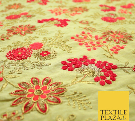 Beige Gold Faux Raw Silk with Cerise Pink Coral Floral Embroidery Fabric 2700