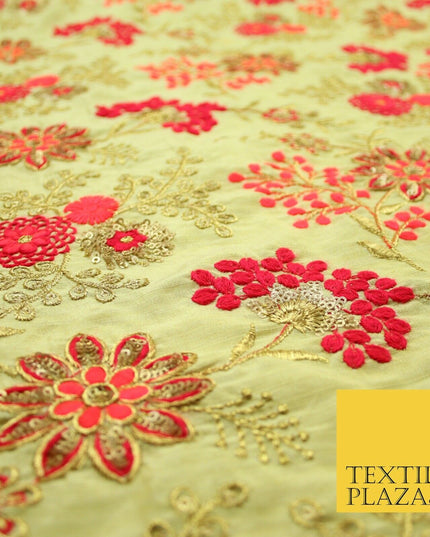 Beige Gold Faux Raw Silk with Cerise Pink Coral Floral Embroidery Fabric 2700