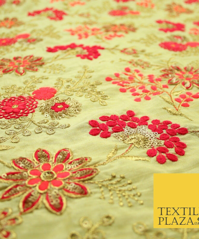 Beige Gold Faux Raw Silk with Cerise Pink Coral Floral Embroidery Fabric 2700