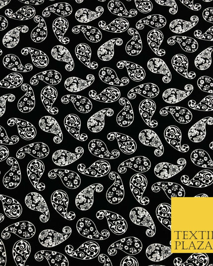 Black White Fancy Paisley Digital Print Stretch Crepe Dress Fabric Craft 1319