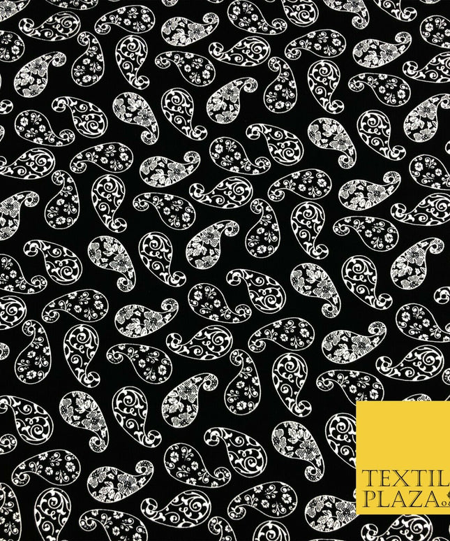 Black White Fancy Paisley Digital Print Stretch Crepe Dress Fabric Craft 1319