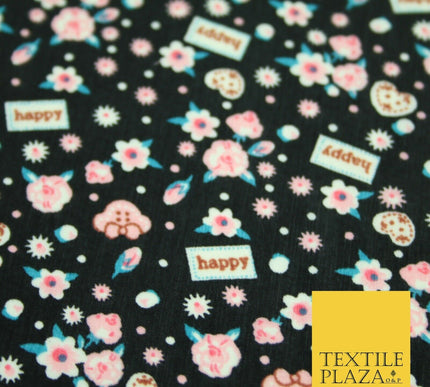 Black Pink Ditsy Small Floral Happy Printed Crepe Polyester Dress Fabric 2728