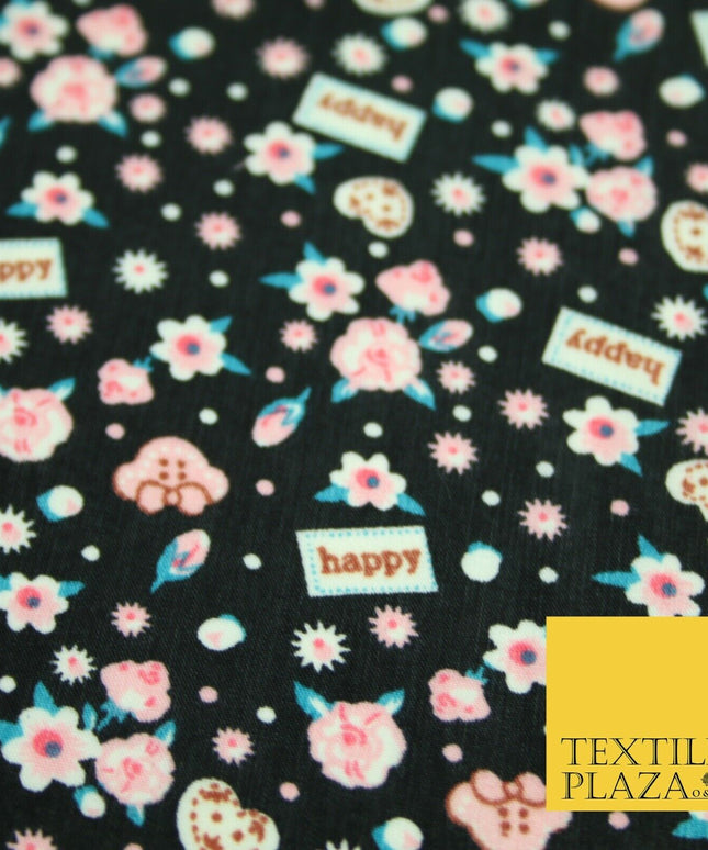 Black Pink Ditsy Small Floral Happy Printed Crepe Polyester Dress Fabric 2728