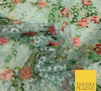 Dusty Blue Floral Digital Printed Embroidered Net Lace Dress Fabric Fashion 1764