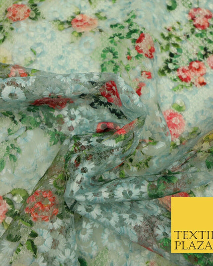 Dusty Blue Floral Digital Printed Embroidered Net Lace Dress Fabric Fashion 1764