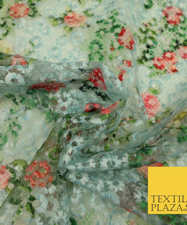 Dusty Blue Floral Digital Printed Embroidered Net Lace Dress Fabric Fashion 1764