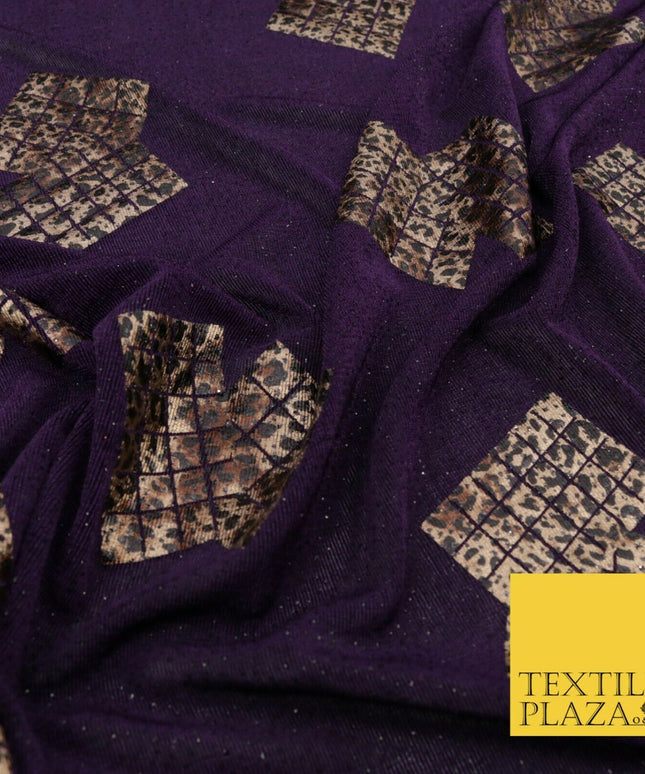 PURPLE Leopard Waffle Cube Metallic Glitter Stretch Jersey Fabric - 59" 1574