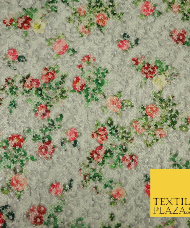 Grey Floral Digital Printed Embroidered Net Lace Dress Fabric Fashion 1767