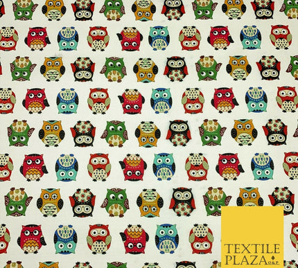Ivory Cream Owls 100% COTTON CANVAS Printed Fabric Colourful Craft 58" 1709