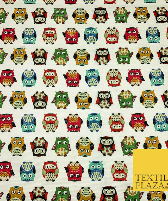 Ivory Cream Owls 100% COTTON CANVAS Printed Fabric Colourful Craft 58" 1709