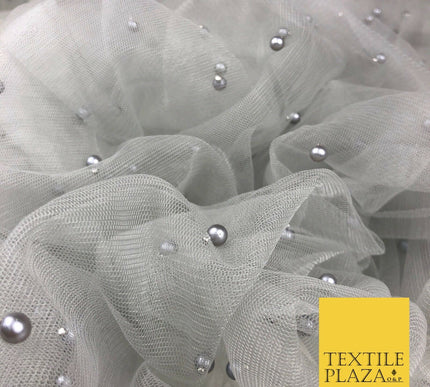 LIGHT GREY Studded Pearl Mesh Net Fabric Bridal Soft Drape Sheer Craft Dress 939