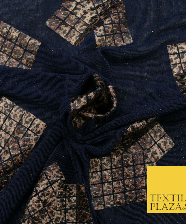 NAVY BLUE Leopard Waffle Cube Metallic Glitter Stretch Jersey Fabric - 59" 1576