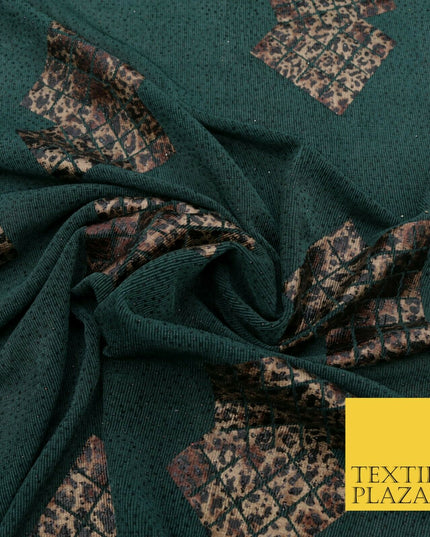 GREEN Leopard Waffle Cube Metallic Glitter Stretch Jersey Fabric - 59" 1575
