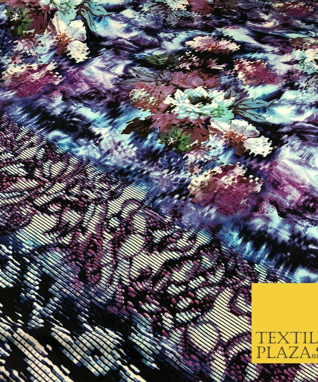 Blue Mix Techno Floral Digital Print Spun Rayon Viscose Dress Fabric Craft 1321