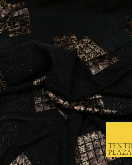 BLACK Leopard Waffle Cube Metallic Glitter Stretch Jersey Fabric - 59" 1573