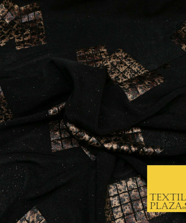 BLACK Leopard Waffle Cube Metallic Glitter Stretch Jersey Fabric - 59" 1573