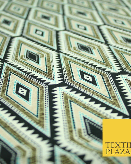 Black Abstract Aztec Diamond Rhombus Printed Crepe Polyester Dress Fabric 2733