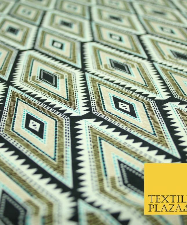 Black Abstract Aztec Diamond Rhombus Printed Crepe Polyester Dress Fabric 2733