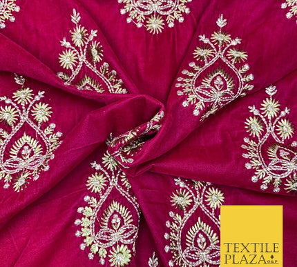 CERISE PINK Ornamental Teardrop Cluster Embroidered Velvet Dress Fabric 1772