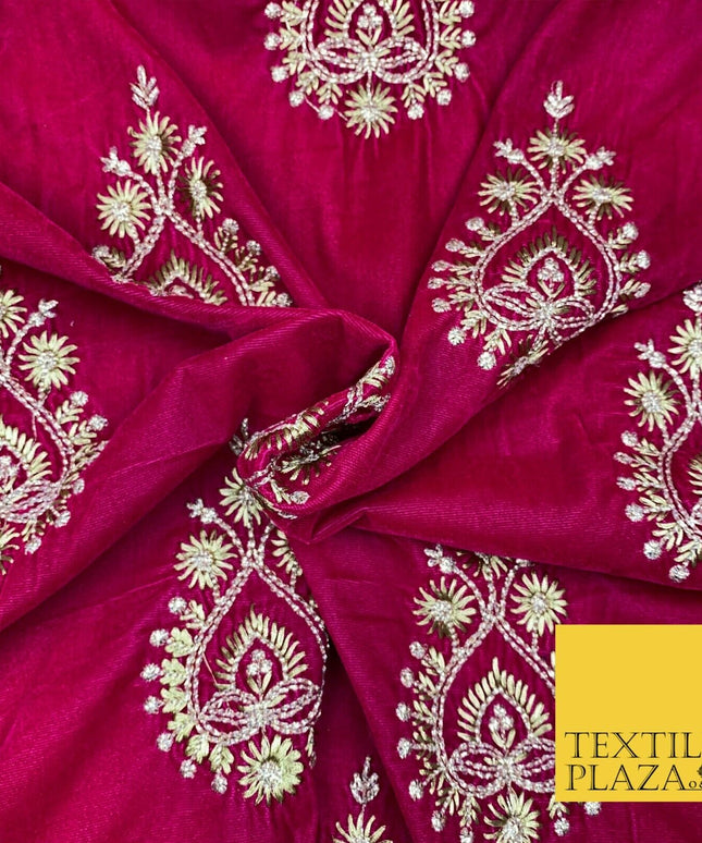 CERISE PINK Ornamental Teardrop Cluster Embroidered Velvet Dress Fabric 1772