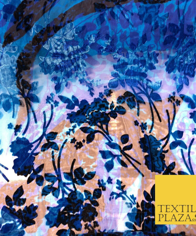 Blue & Black Velvet Devore Floral Silk Burnout Brasso Fabric - 45" PE961