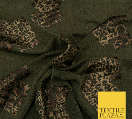 KHAKI GREEN Leopard Waffle Cube Metallic Glitter Stretch Jersey Fabric 59" 1578
