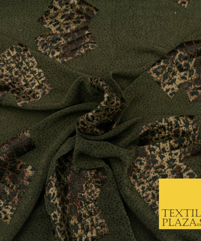 KHAKI GREEN Leopard Waffle Cube Metallic Glitter Stretch Jersey Fabric 59" 1578