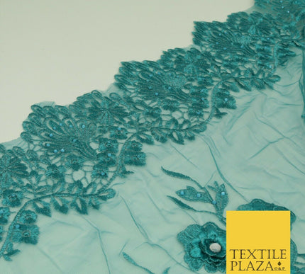 DEEP TEAL 3D Flower Trio Scalloped Embroidered Net Lace Dress Fancy Bridal 1584