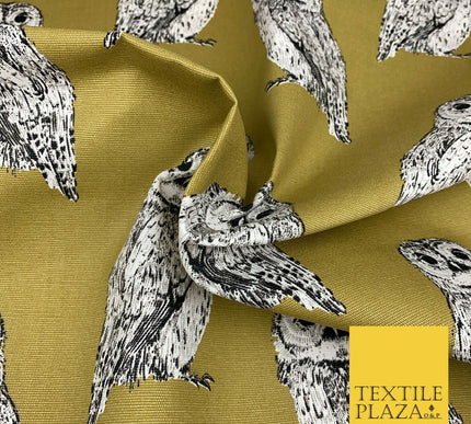 OLIVE Large Vintage Owls 100% COTTON CANVAS Printed Fabric Craft 58" 1710