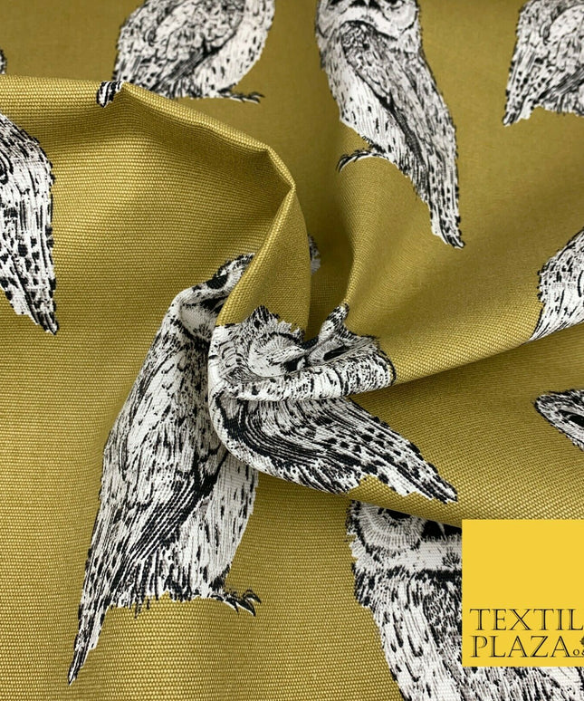 OLIVE Large Vintage Owls 100% COTTON CANVAS Printed Fabric Craft 58" 1710
