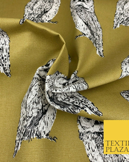 OLIVE Large Vintage Owls 100% COTTON CANVAS Printed Fabric Craft 58" 1710