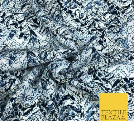 White Blue Abstract Digital Print Spun Rayon Viscose Dress Fabric Craft 59" 1318