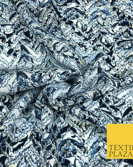 White Blue Abstract Digital Print Spun Rayon Viscose Dress Fabric Craft 59" 1318