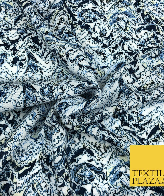 White Blue Abstract Digital Print Spun Rayon Viscose Dress Fabric Craft 59" 1318