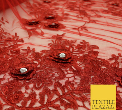 RED 3D Flower Trio Scalloped Embroidered Net Lace Dress Fancy Bridal 1583